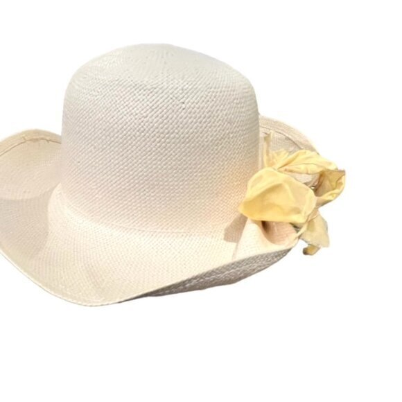Banana Republic Wide Brim Garden Hat Yellow Bow Travel Preppy Coastal Boho EUC - Picture 3 of 11